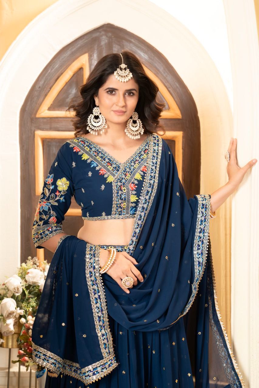 Dark Blue Premium Faux Georgette Embellished With Beautiful Multi Colour Thread Embroidery