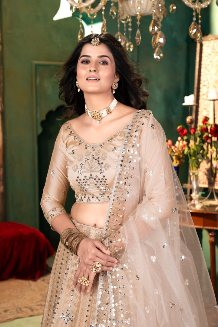 Cream Color Premium Malai Satin Embellished With Beautiful Embroidery Lehenga