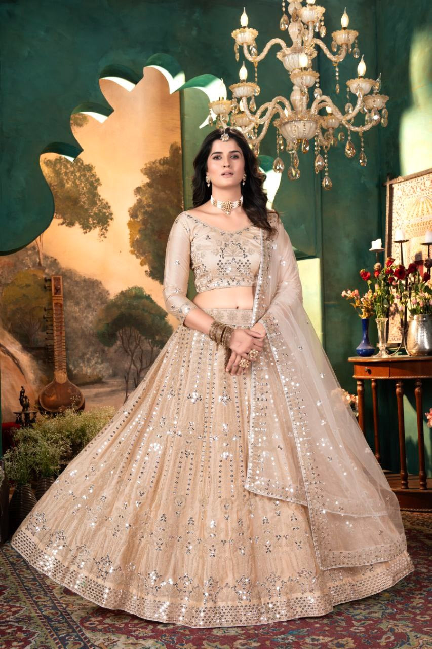 Cream Color Premium Malai Satin Embellished With Beautiful Embroidery Lehenga