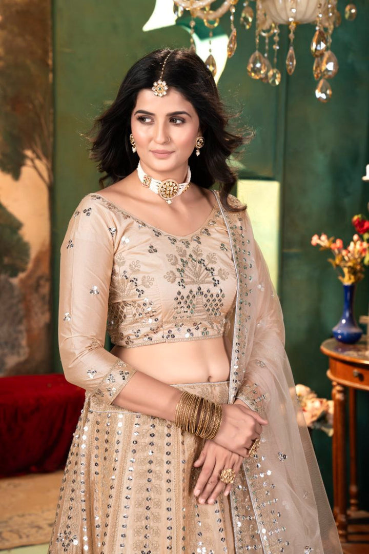 Cream Color Premium Malai Satin Embellished With Beautiful Embroidery Lehenga