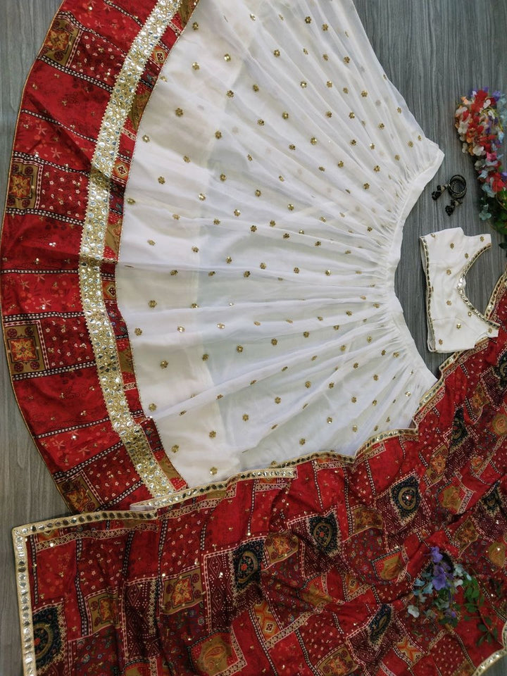 White Color Premium Georgette Embellished With  Beautiful Heavy Sequins With Beautiful Digital Print Lehenga