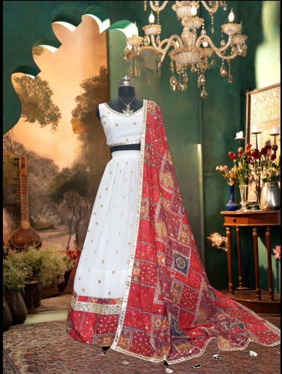 White Color Premium Georgette Embellished With  Beautiful Heavy Sequins With Beautiful Digital Print Lehenga