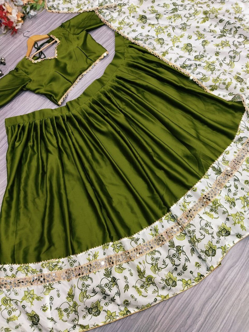 Stunning green Malai Satin Silk outfit with intricate digital print and heavy real mirror work