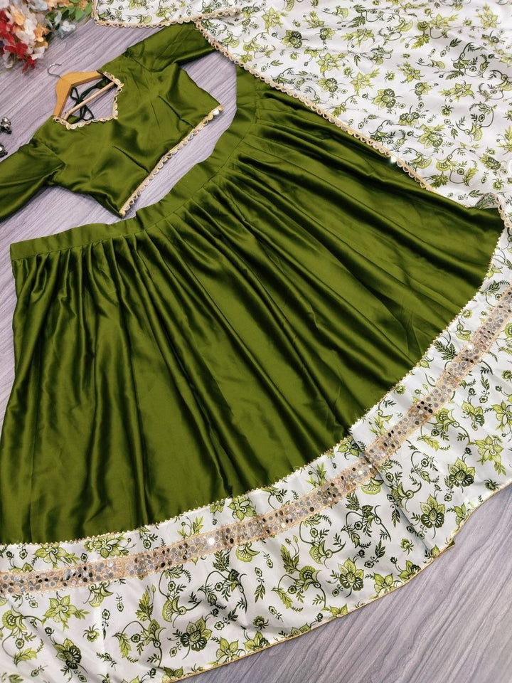 Stunning green Malai Satin Silk outfit with intricate digital print and heavy real mirror work