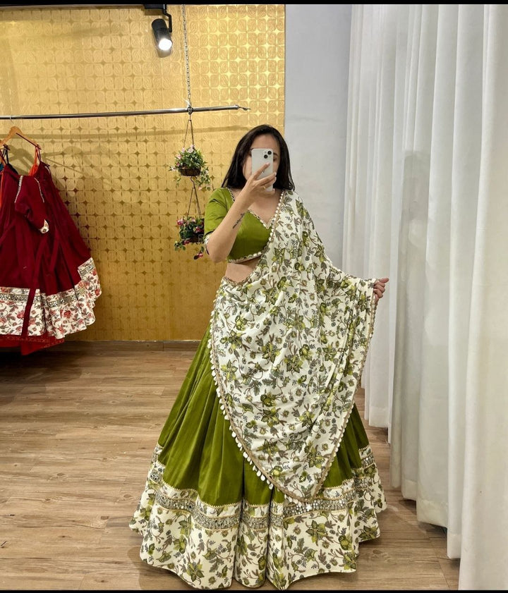 Green premium malai satin silk with digital print and real mirror embellishments