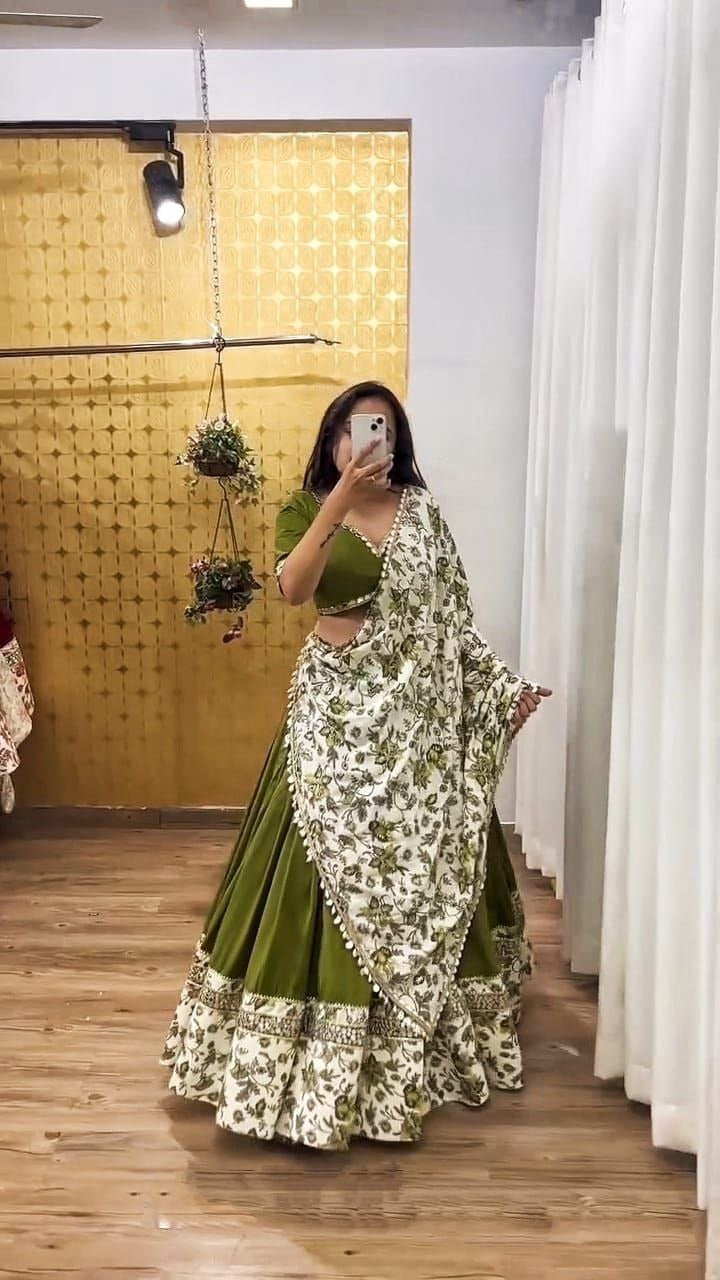 Gorgeous green Malai Satin Silk dress with stunning digital print and mirror work