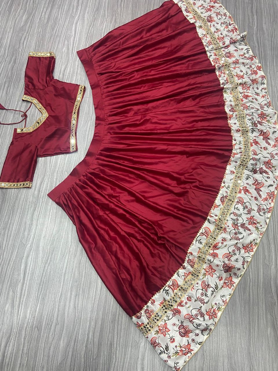 Elegant maroon satin silk fabric with stunning digital print and intricate mirror detailing