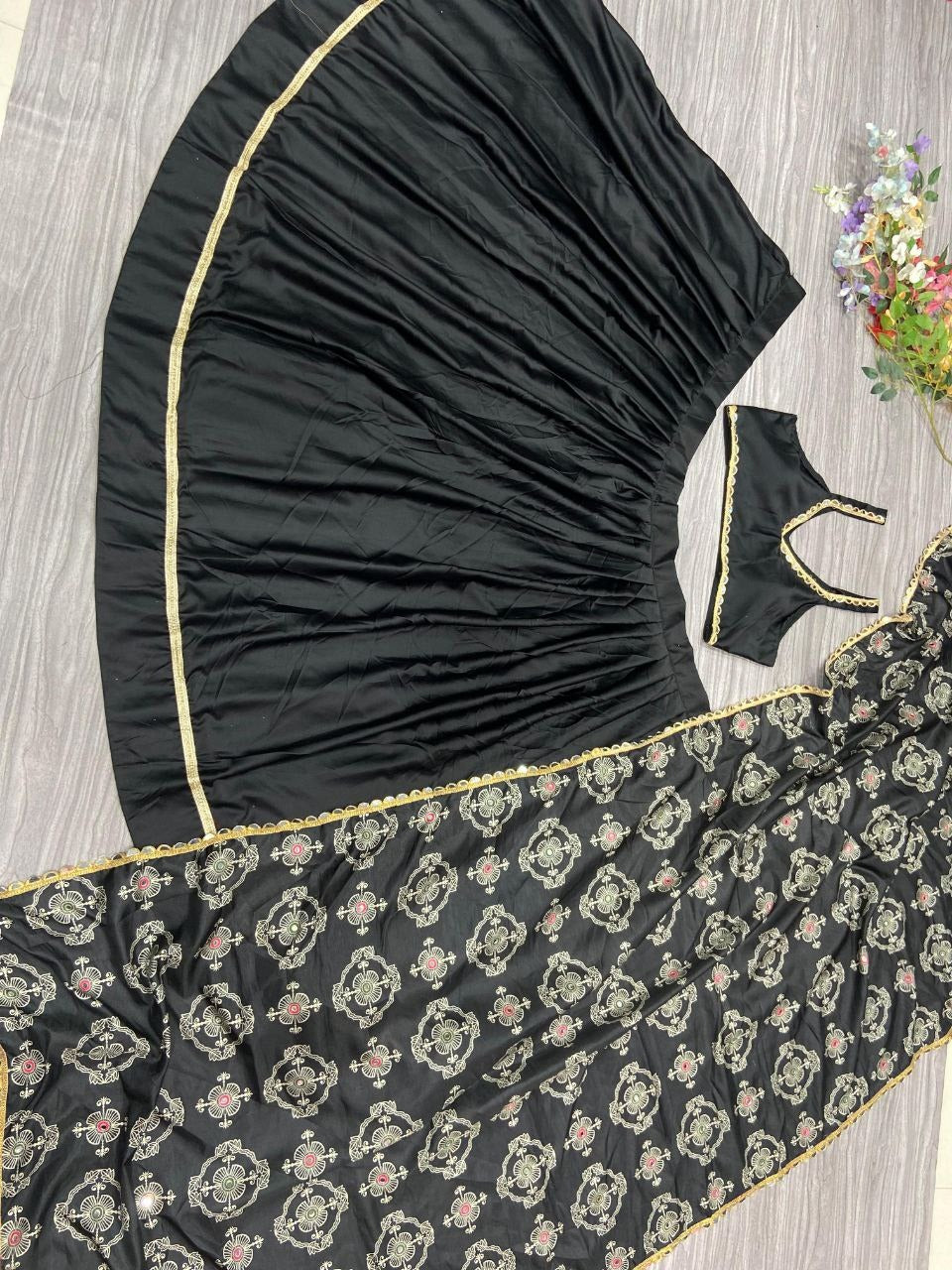 Black Color Premium Malai Satin Silk Embellished With Work Lace  With Heavy Cancan With Canvas Lehenga - INSPIRED