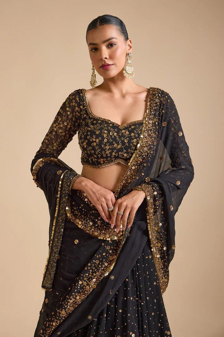 Exquisite embroidery work on the premium georgette black lehenga skirt