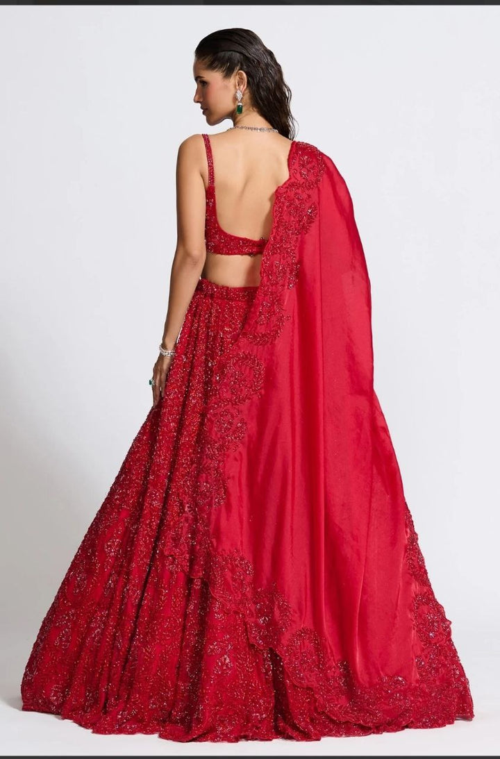 Red Color Premium Vichitra Silk Embellished With Beautiful Embroidery Lehenga - INSPIRED