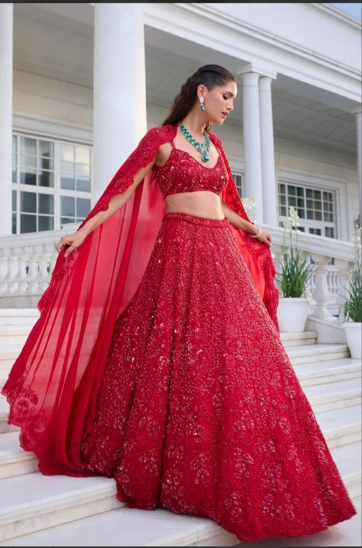 Red Color Premium Vichitra Silk Embellished With Beautiful Embroidery Lehenga - INSPIRED