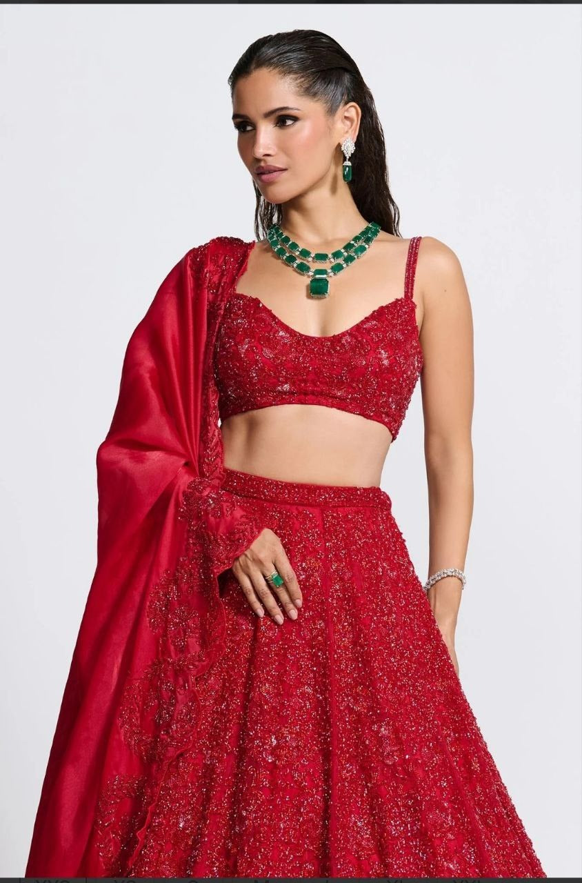 Red Color Premium Vichitra Silk Embellished With Beautiful Embroidery Lehenga - INSPIRED