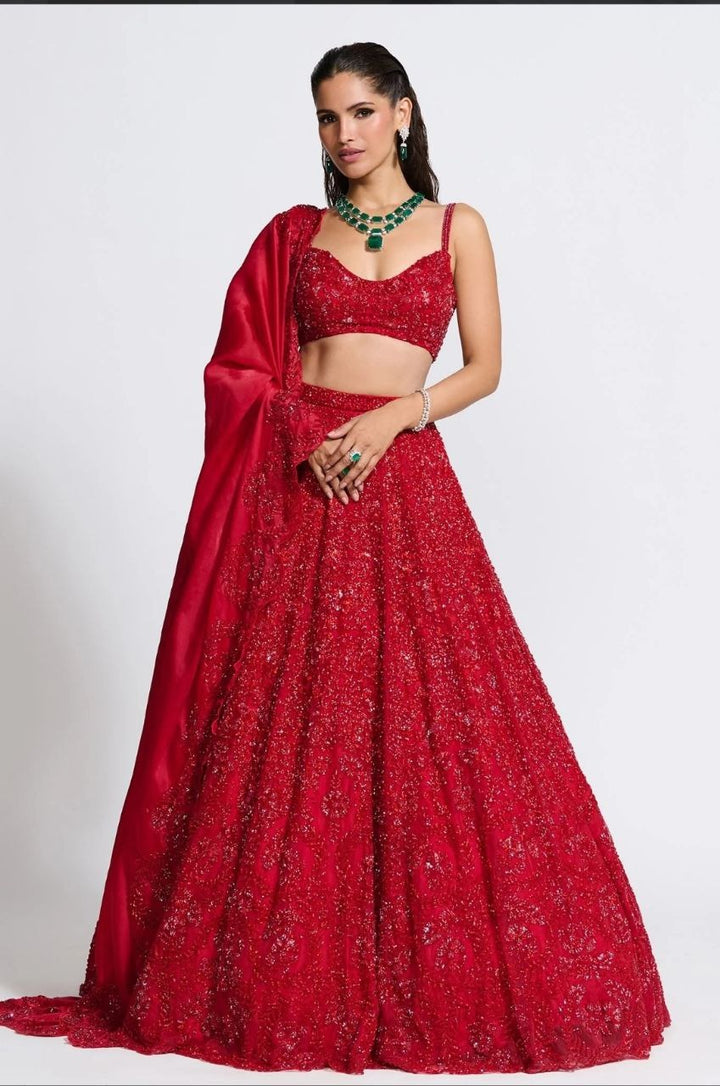 Red Color Premium Vichitra Silk Embellished With Beautiful Embroidery Lehenga - INSPIRED