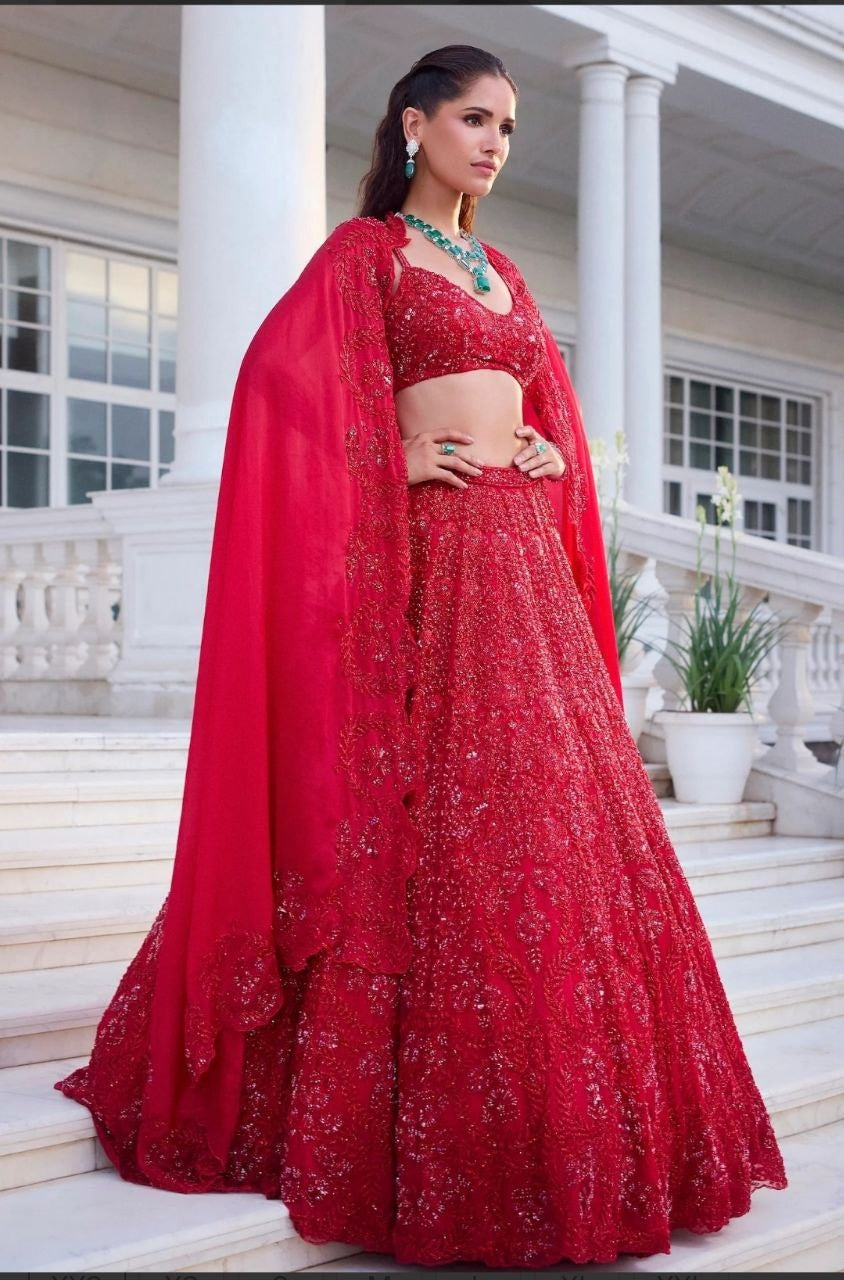 Red Color Premium Vichitra Silk Embellished With Beautiful Embroidery Lehenga - INSPIRED