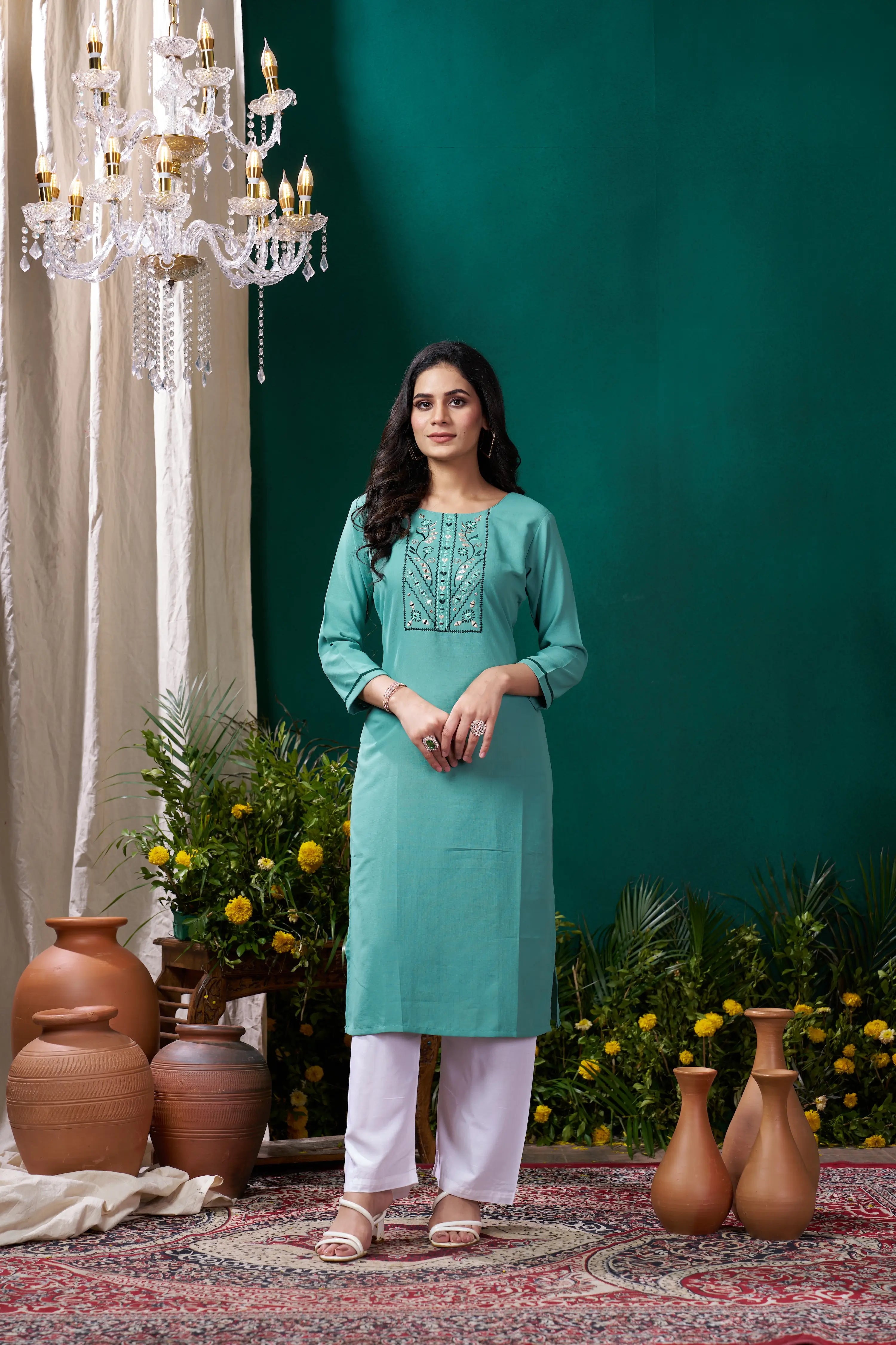 Cyan Kurta Set with Handmade Embroidery - qivii