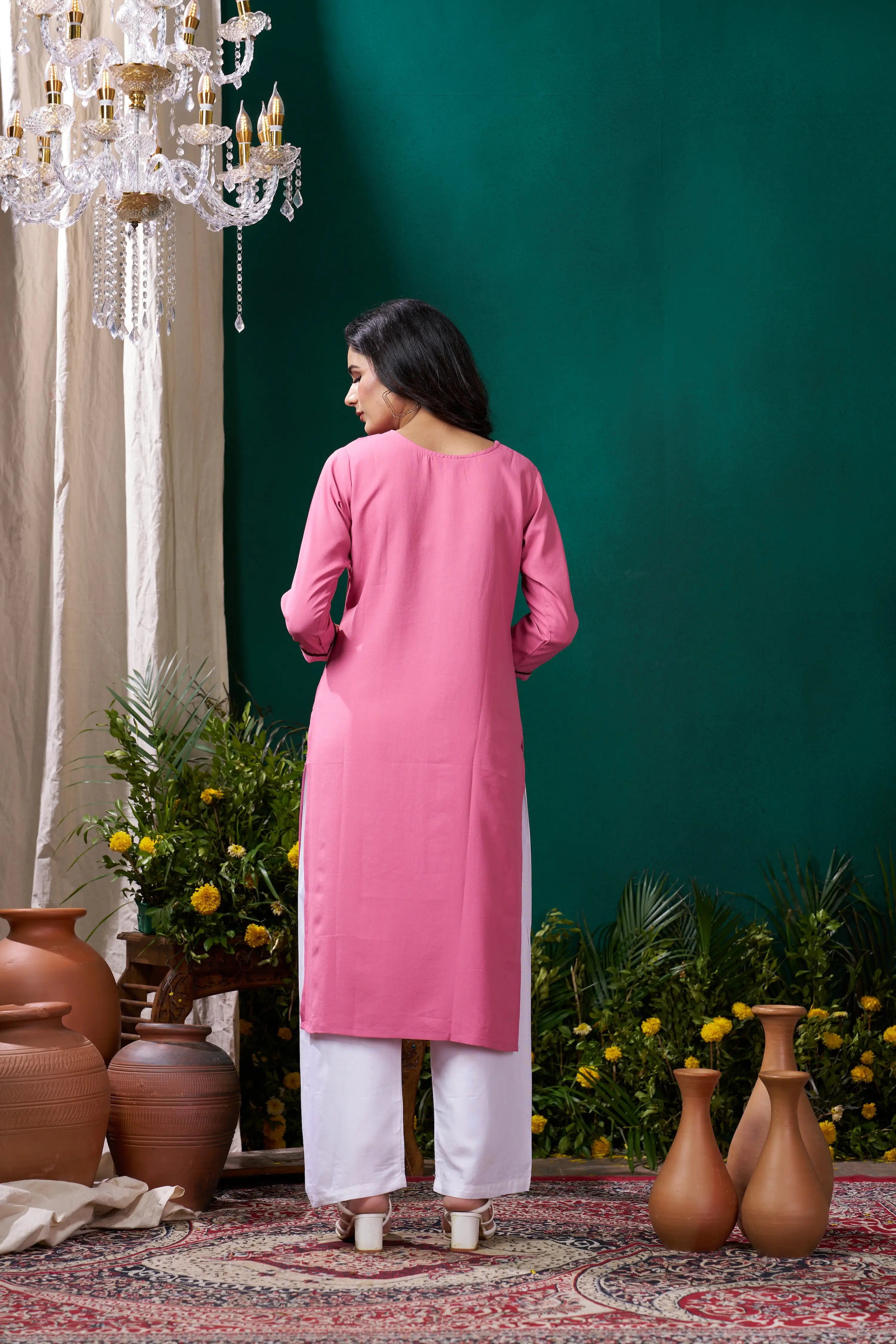 Rose Pink Handwork Kurta Set With Pocket - qivii