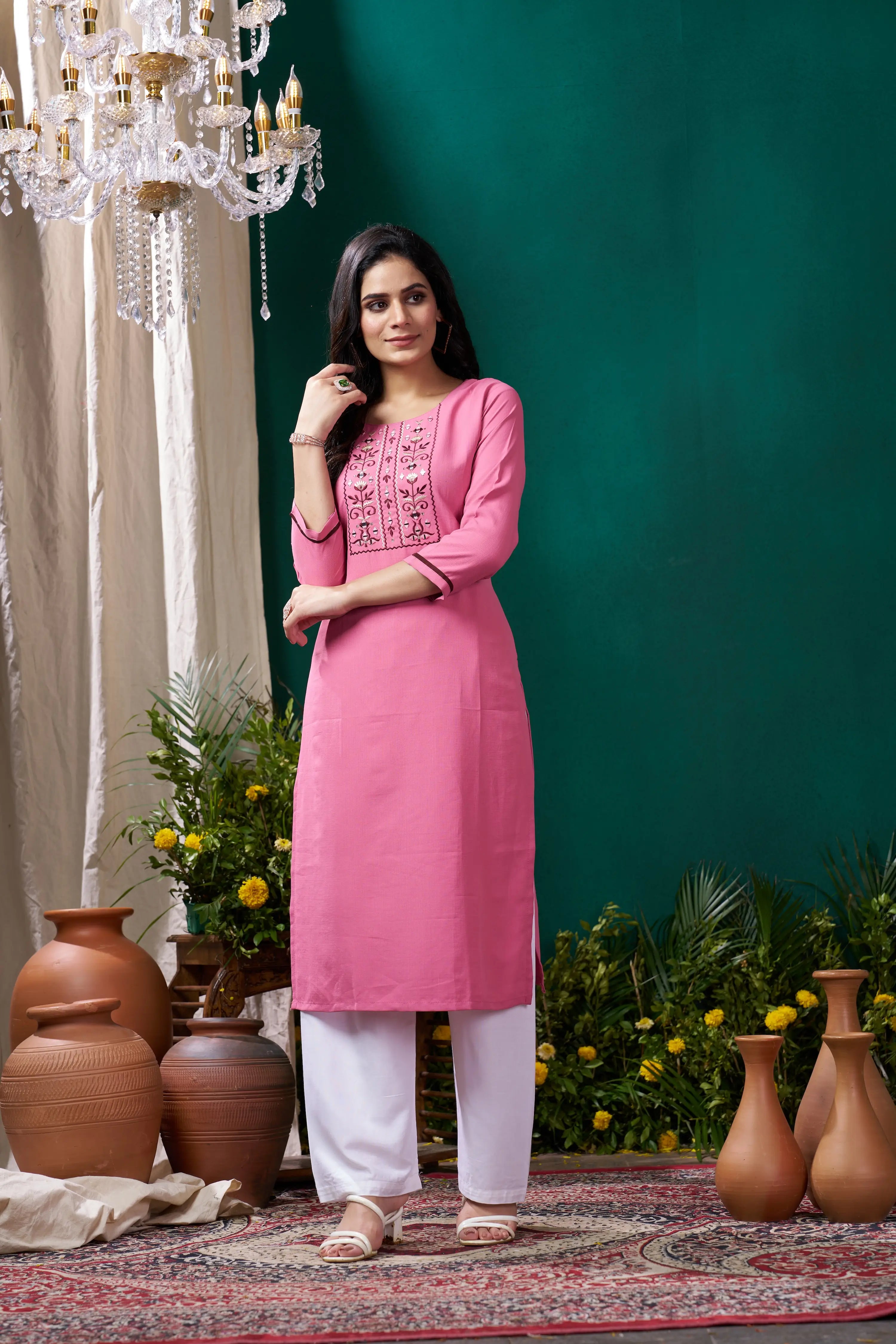 Rose Pink Handwork Kurta Set With Pocket - qivii