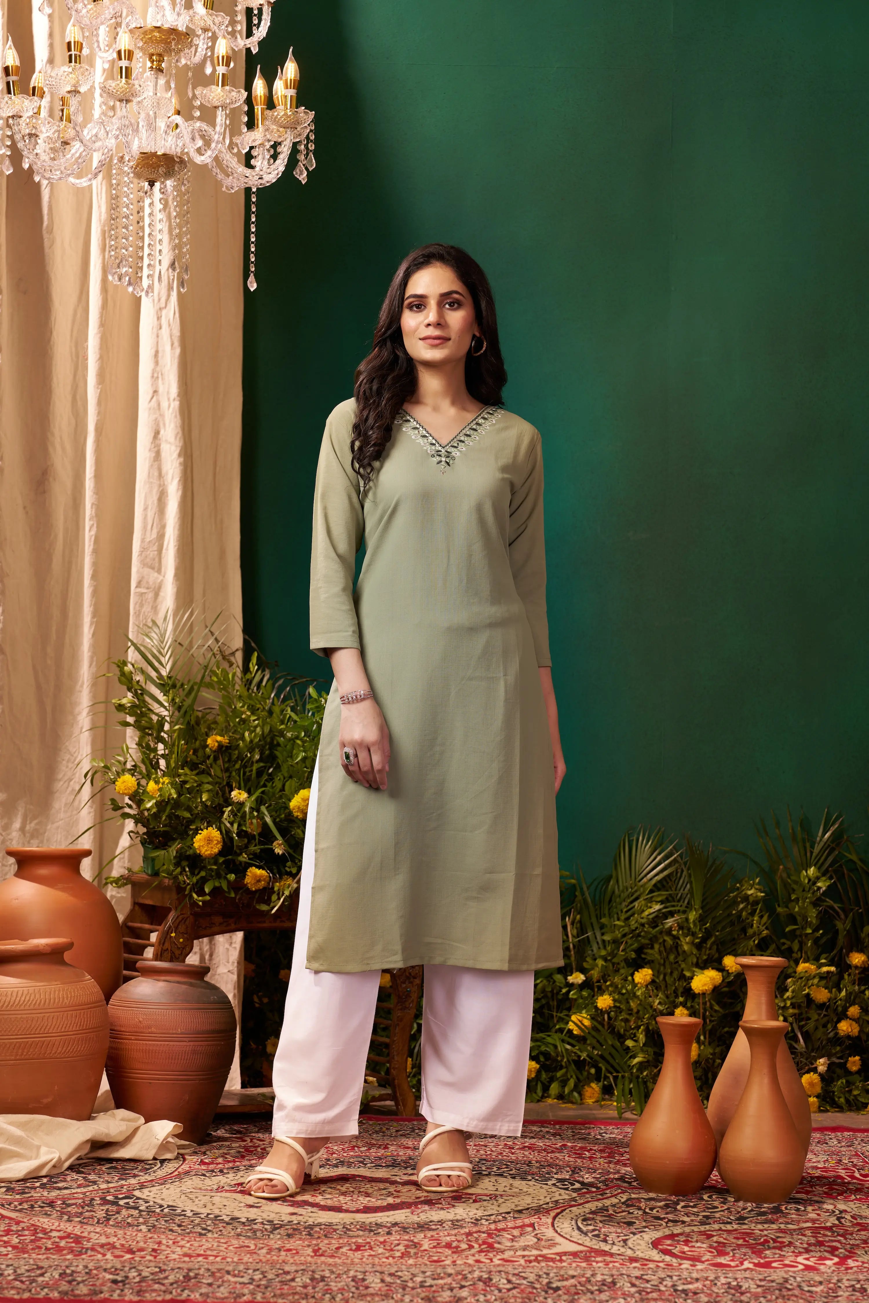 Pistachio Green Kurta Set with Handmade Embroidery - qivii