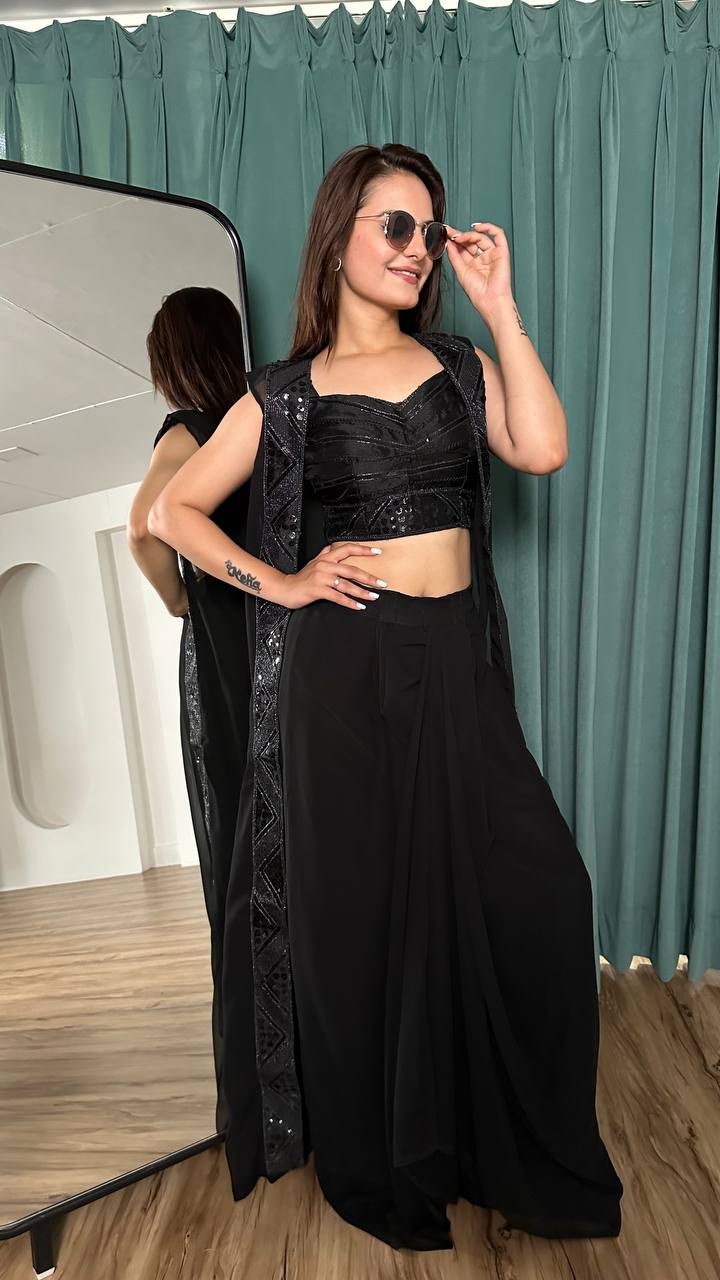 Black Color Georget skirt with up down pattern Stylish indo western set