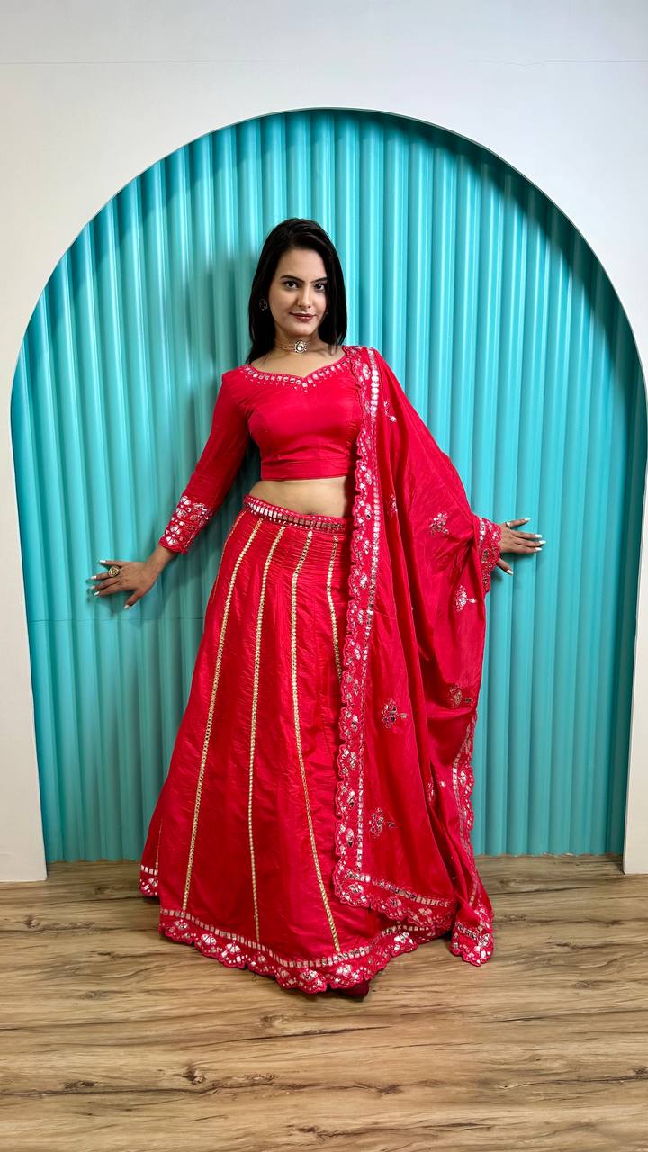 Hot Pink Two tone slub silk lehnga with foil paper work Can can attach