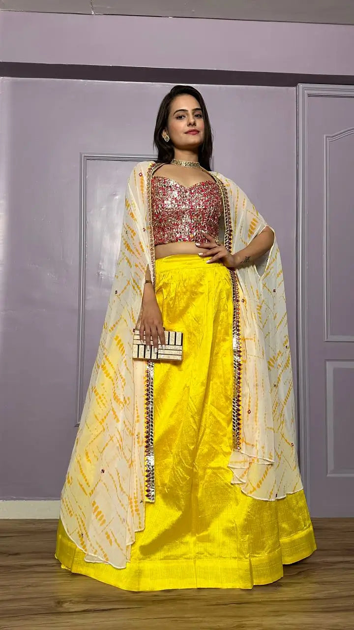 Yellow Kasturi Silk Indo Western Lehenga Set With Thread & Foil Mirror Work | Ready To Wear - qivii