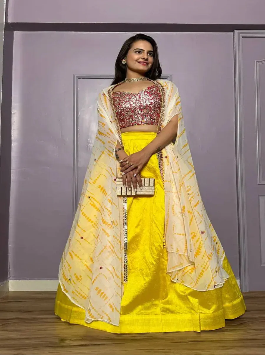 Yellow Kasturi Silk Indo Western Lehenga Set With Thread & Foil Mirror Work | Ready To Wear - qivii