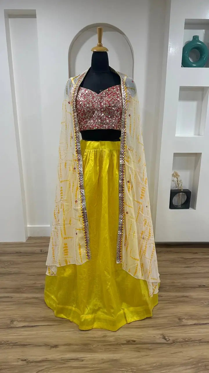 Yellow Kasturi Silk Indo Western Lehenga Set With Thread & Foil Mirror Work | Ready To Wear - qivii