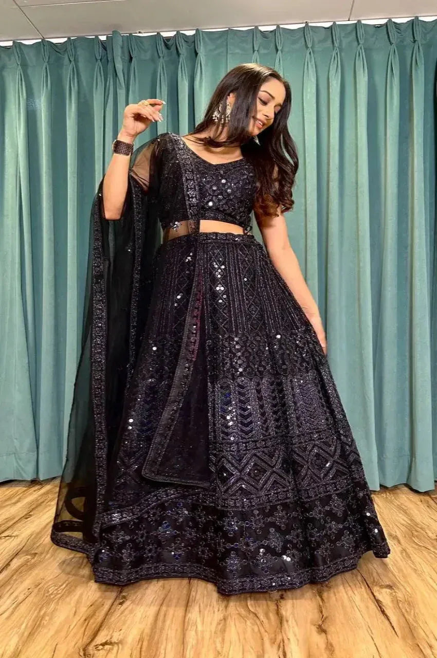 Hot Black Net Lehenga Choli Dori & Sequence Embroidery Work Lehenga Choli