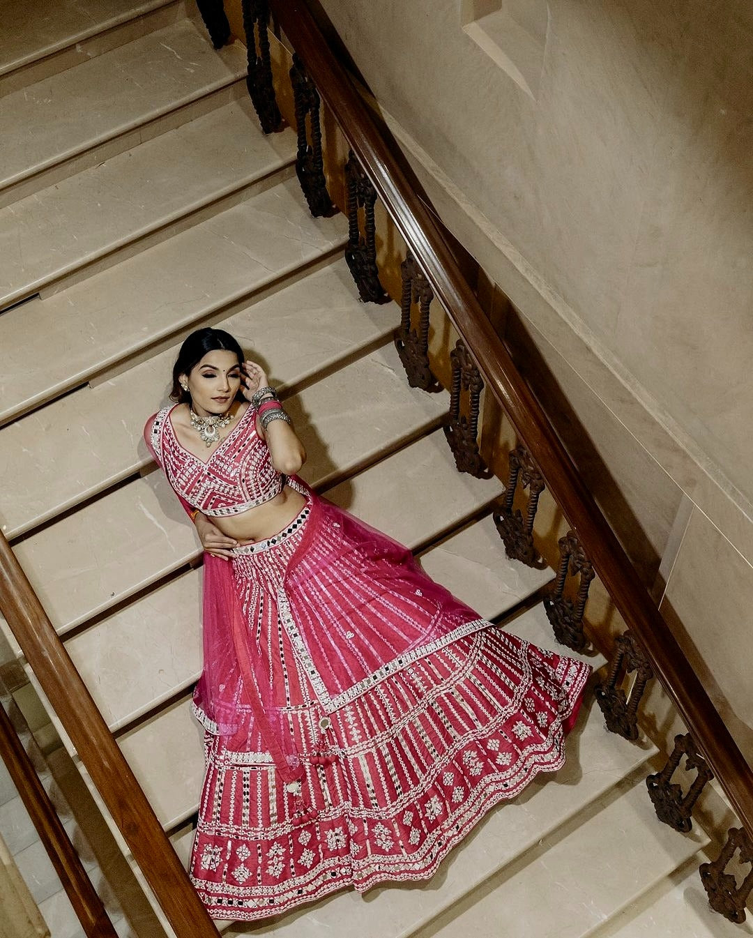 Beautiful Pink Color Heavy Slub Silk Lehenga with Intricate Thread and Paper Mirror Work Detailing