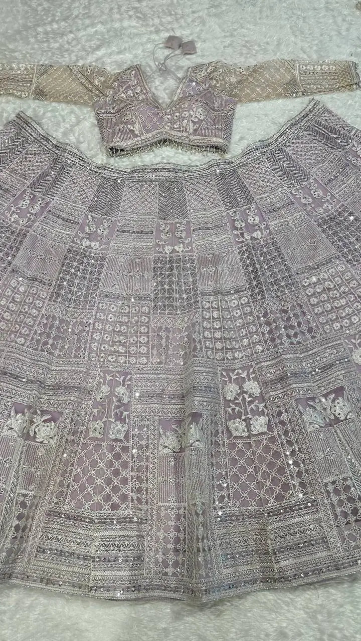 Dusty Pink Net Lehenga Choli With Thread & Sequence Work | Ready To Wear - qivii