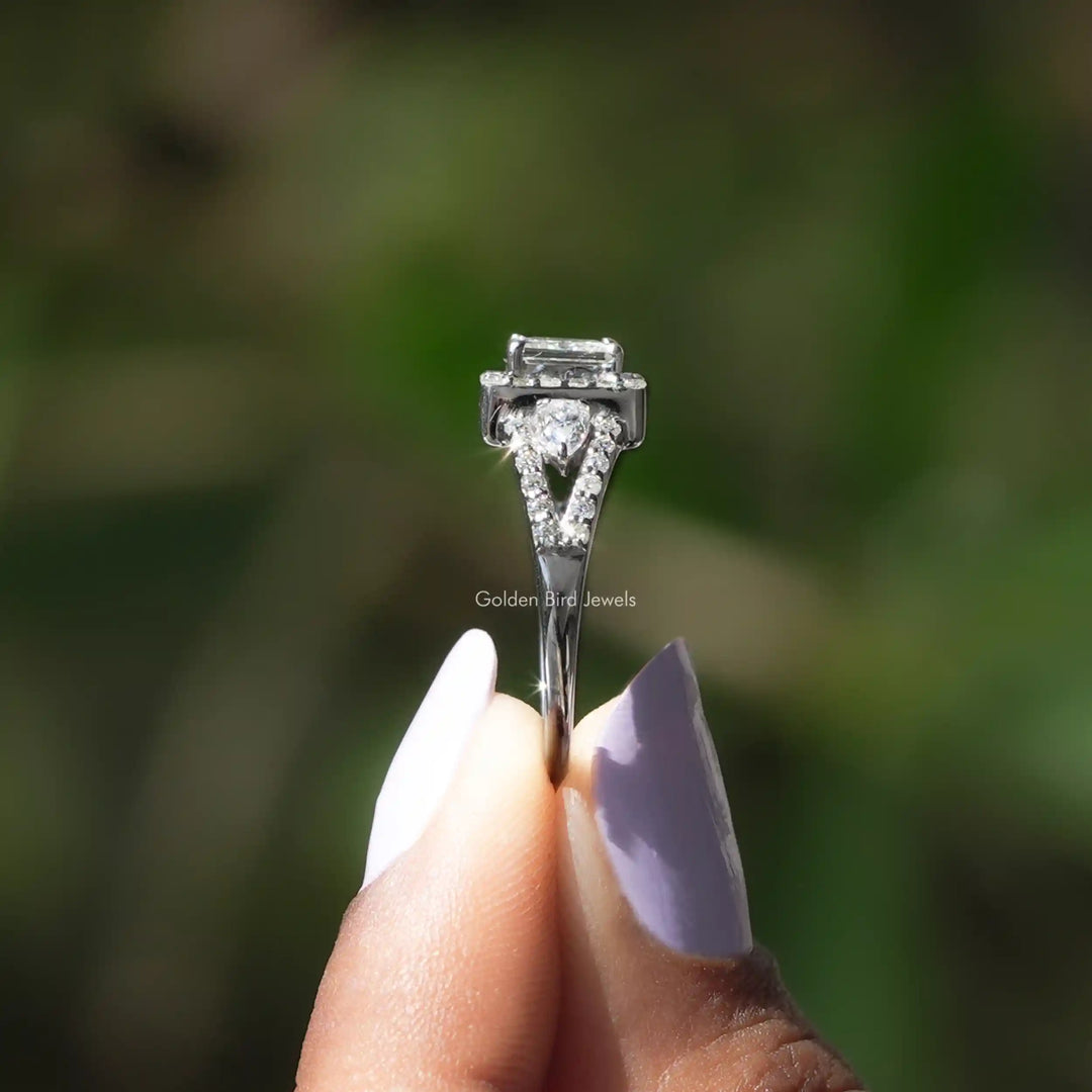 Princess Cut Three Stone Halo Engagement Ring