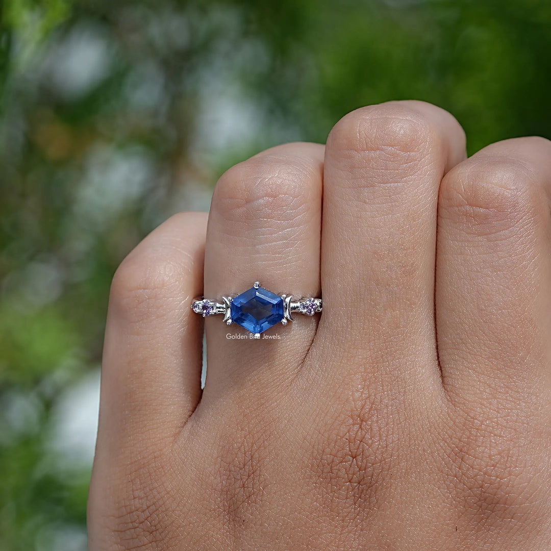 Sapphire Blue Hexagon Gemstone Engagement Ring