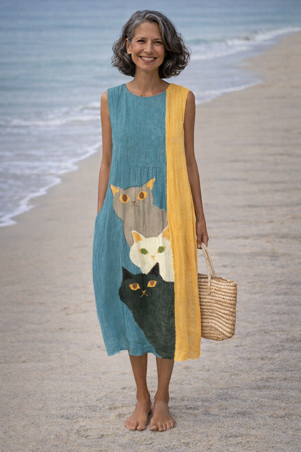 Paola | Vintage jurk met artistiek patroon van grappige katten  - By Qivii