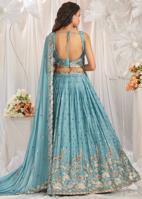 Turquoise Blue Georgette Lehenga with Sequins & Thread Embroidery