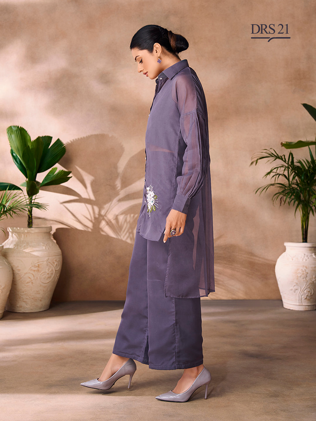 DARK GREY ORGANZA HANDWORK CO-ORD SET - qivii