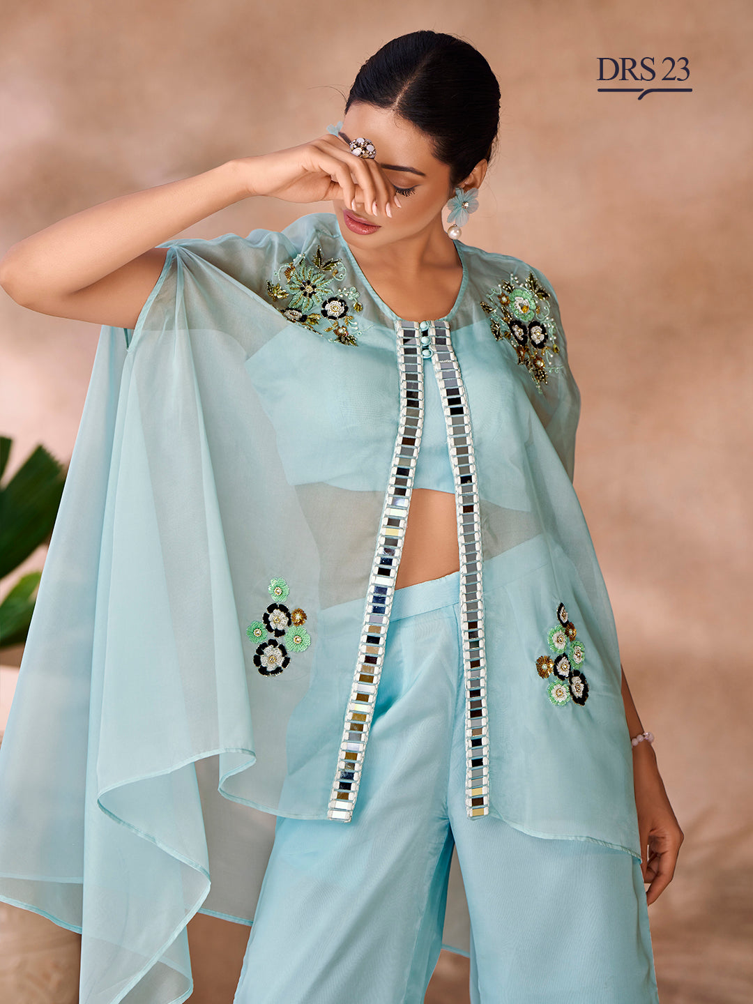AQUA BLUE ORGANZA HANDWORK CO-ORD SET - qivii