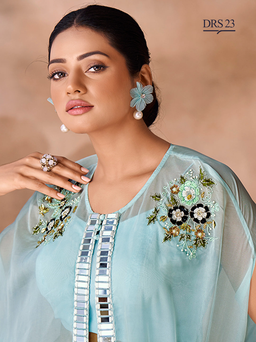 AQUA BLUE ORGANZA HANDWORK CO-ORD SET - qivii