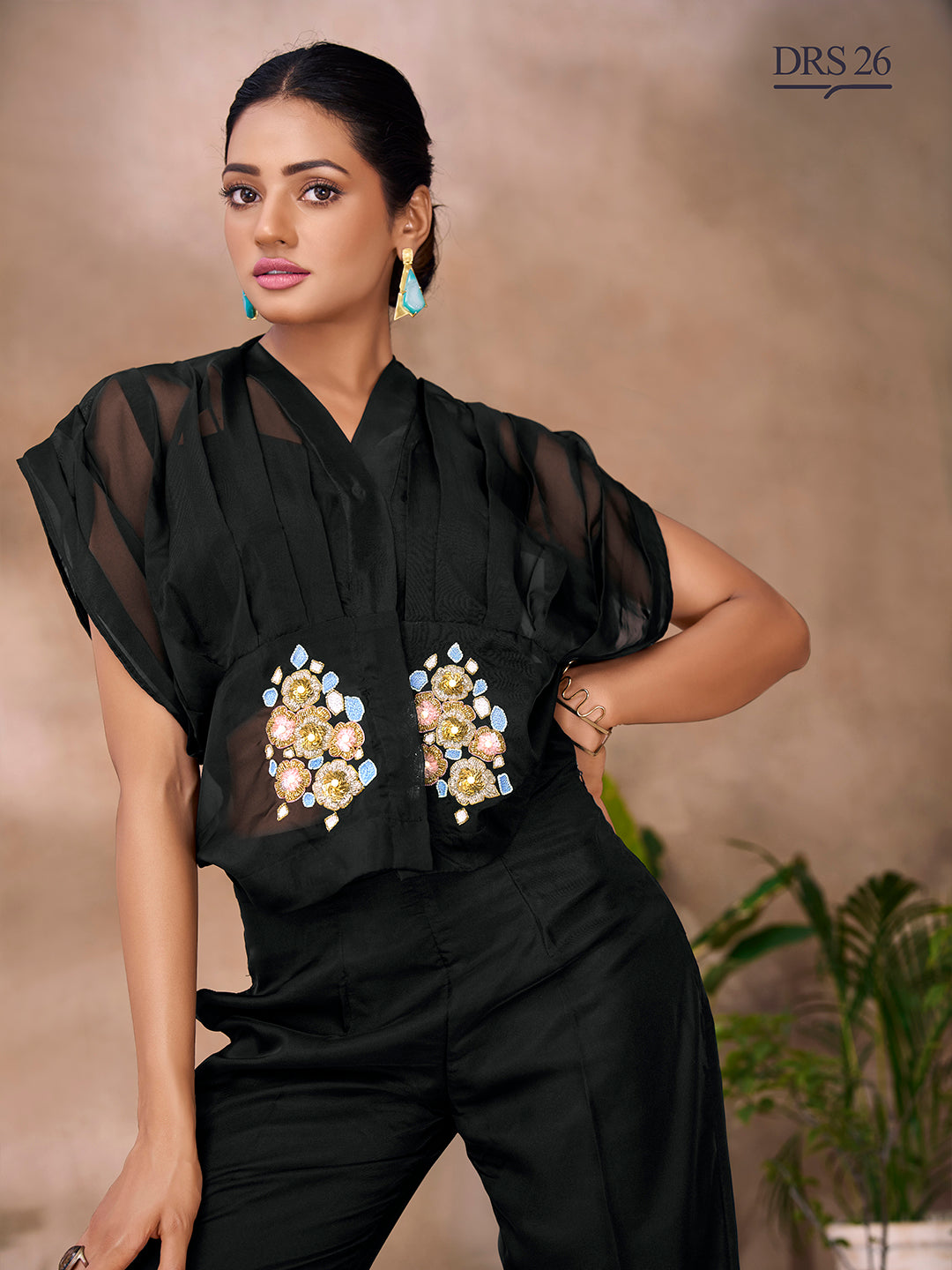 BLACK ORGANZA HANDWORK CO-ORD SET - qivii