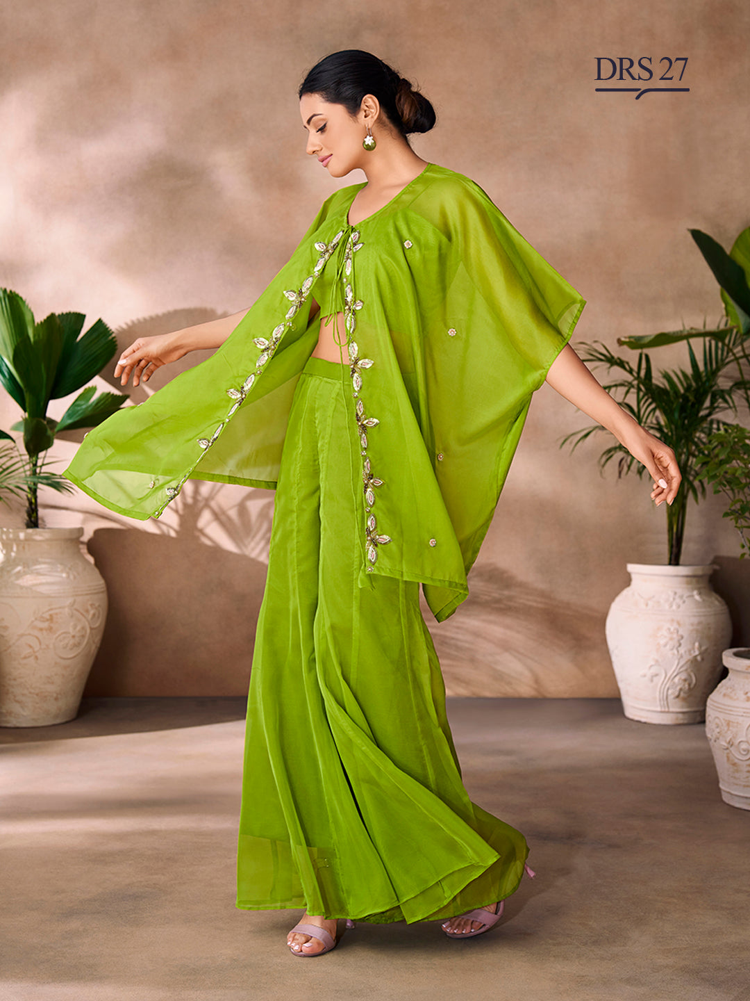 PARROT GREEN ORGANZA HANDWORK CO-ORD SET - qivii