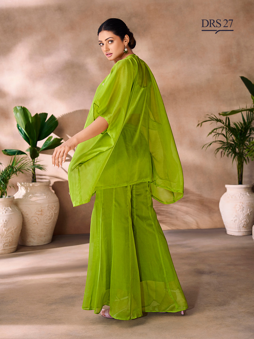 PARROT GREEN ORGANZA HANDWORK CO-ORD SET - qivii