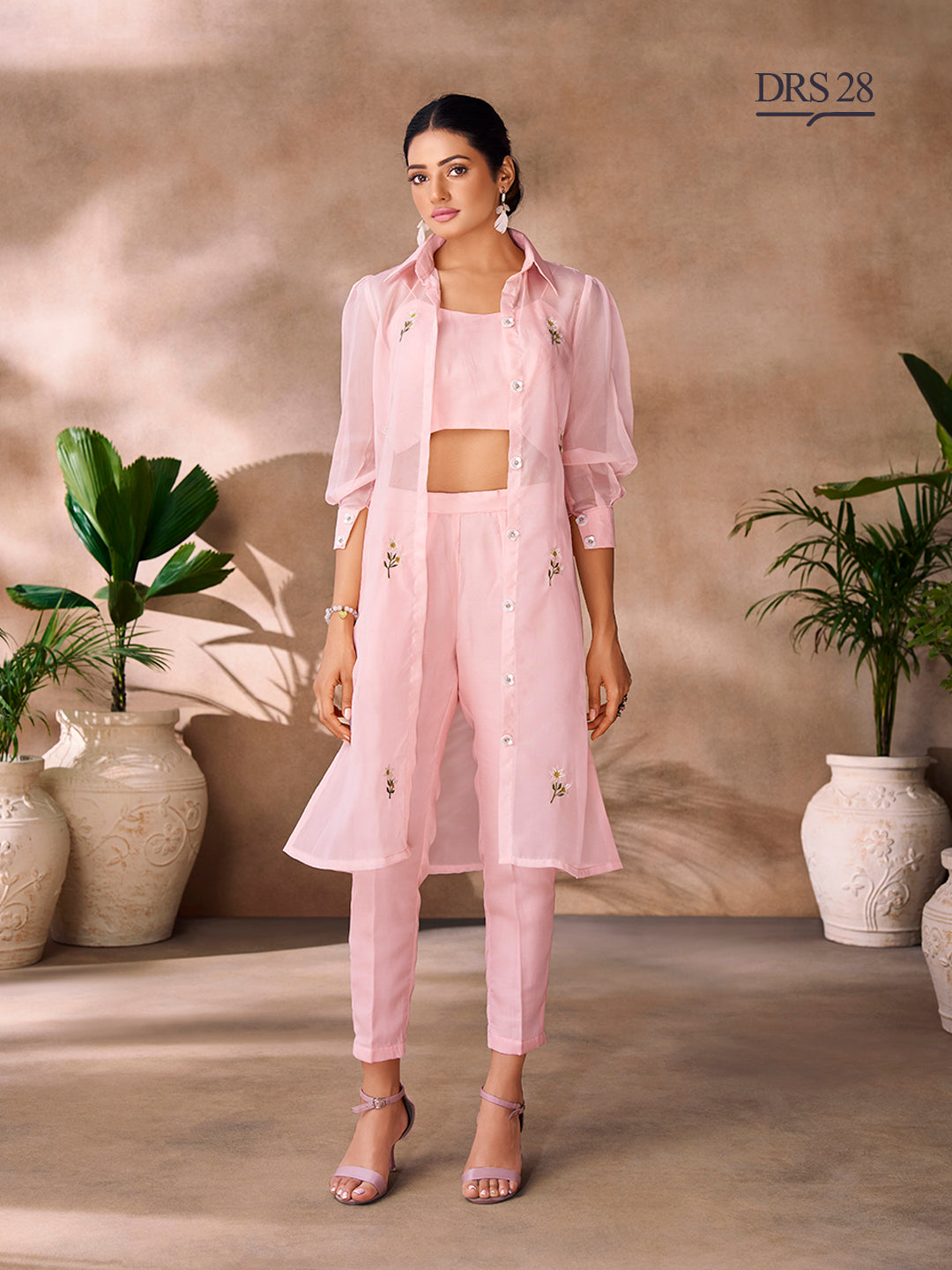 PEACH ORGANZA EMBROIDERY CO-ORD SET - qivii