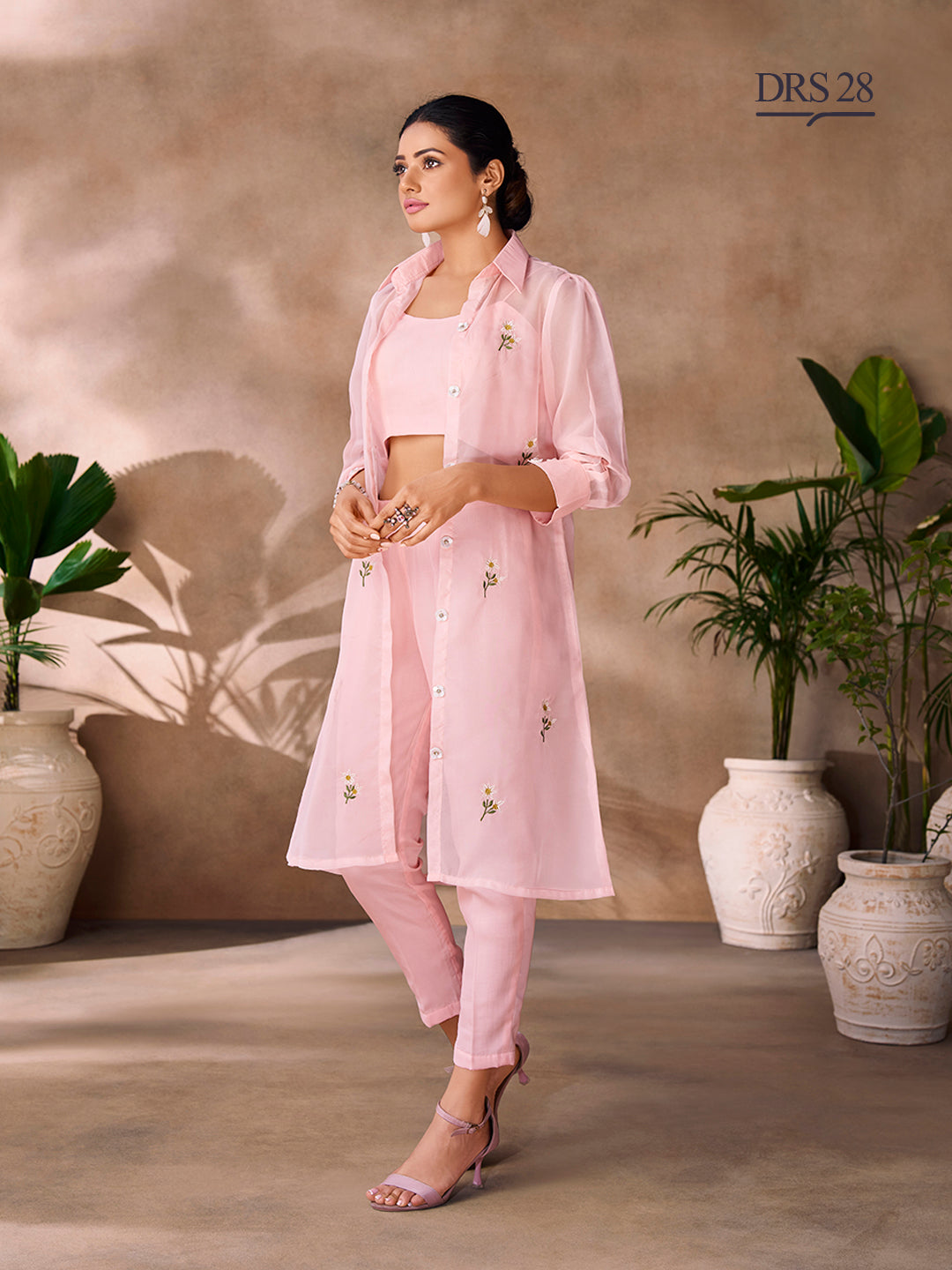 PEACH ORGANZA EMBROIDERY CO-ORD SET - qivii