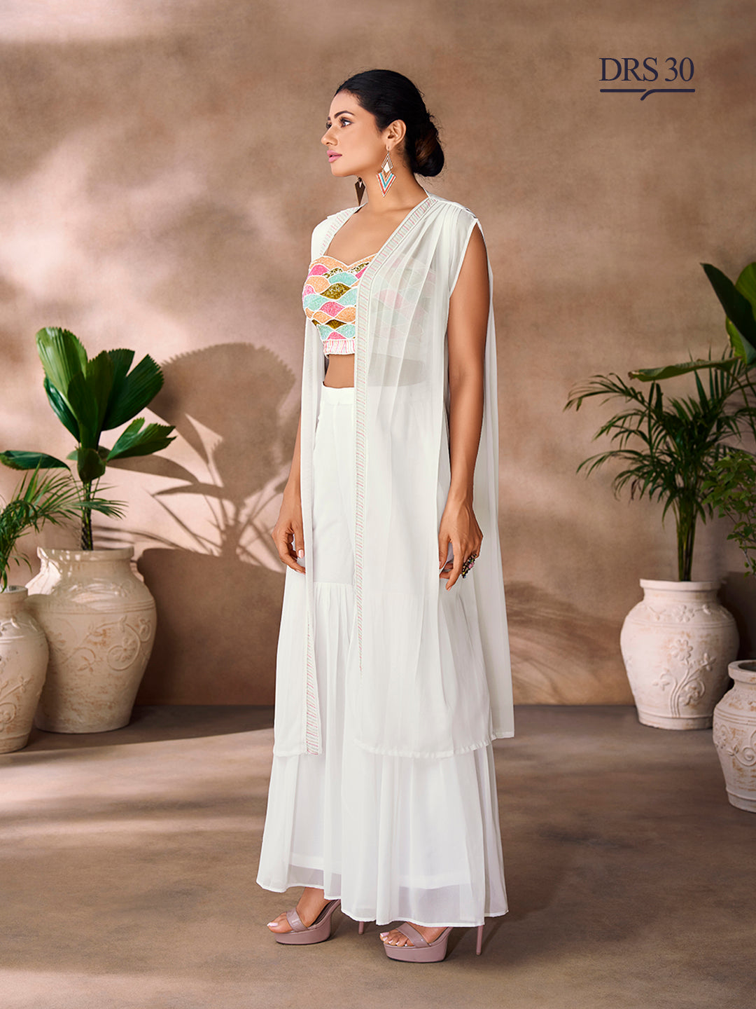 WHITE GEORGETTE HANDWORK CO-ORD SET - qivii