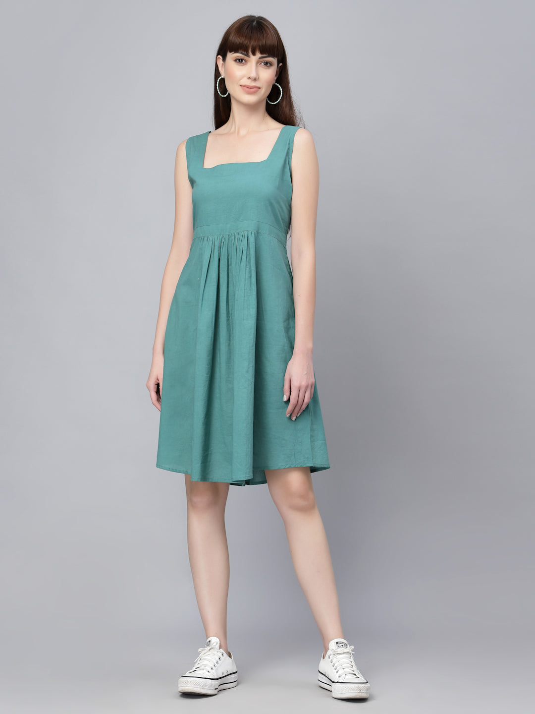 Blue Cotton Solid Gathered Dress  - By Ragavi - qivii