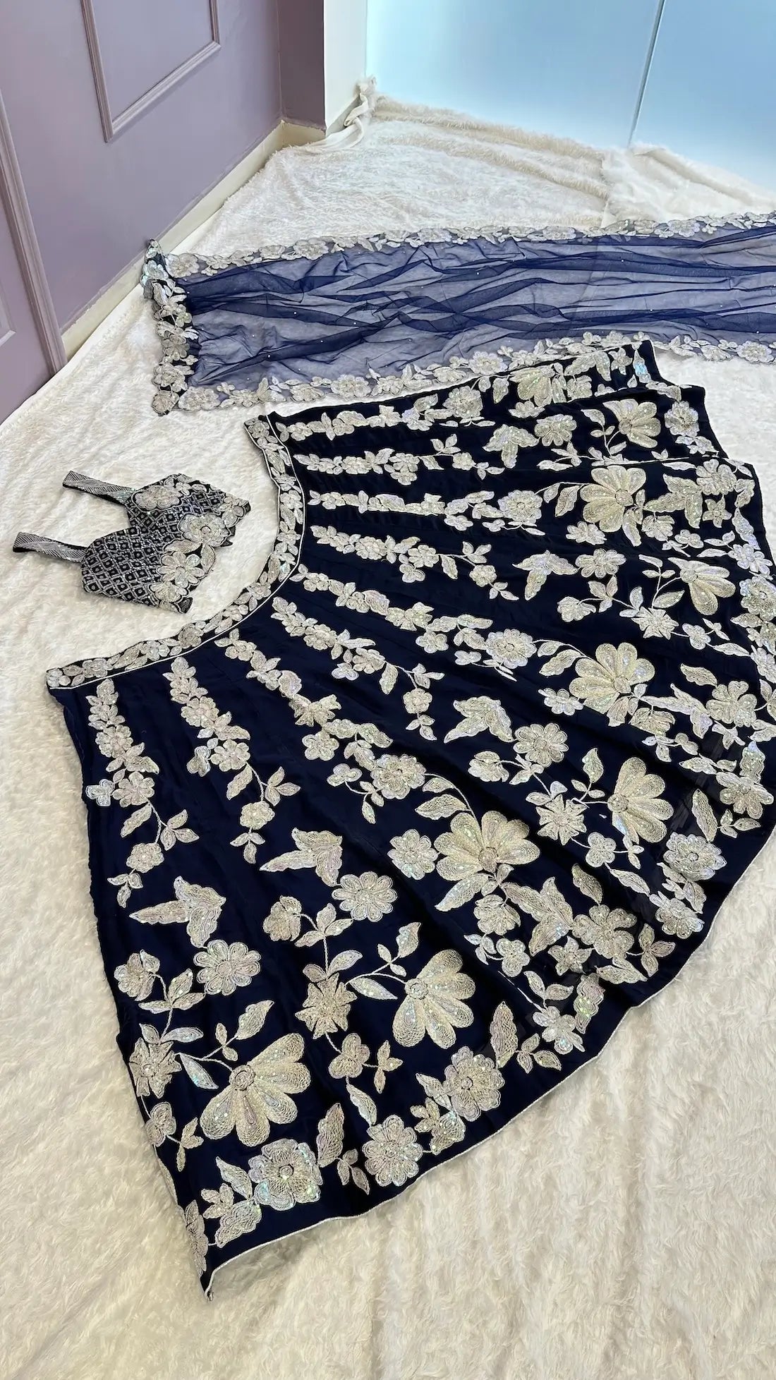 Navy Blue Kasturi Silk Lehenga Choli With Sequence & Dori Work | Ready To Wear - qivii