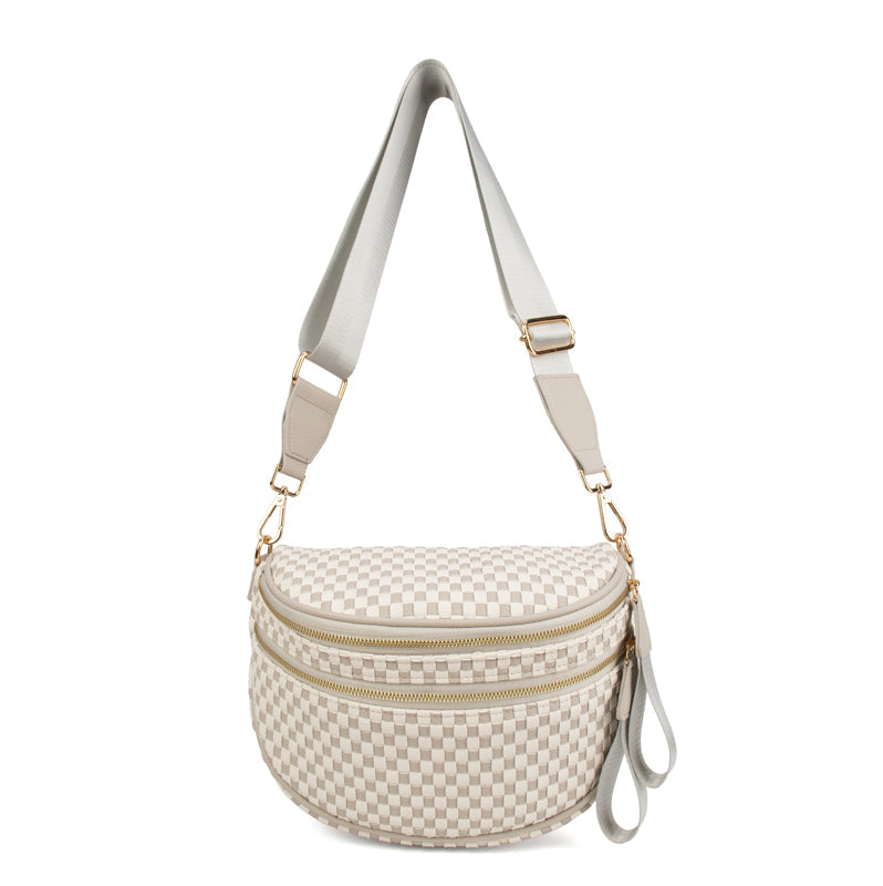 Ounamei Checkered Woven Crossbody Bum Bag | Vegan Leather Sling Bag with Adjustable Strap