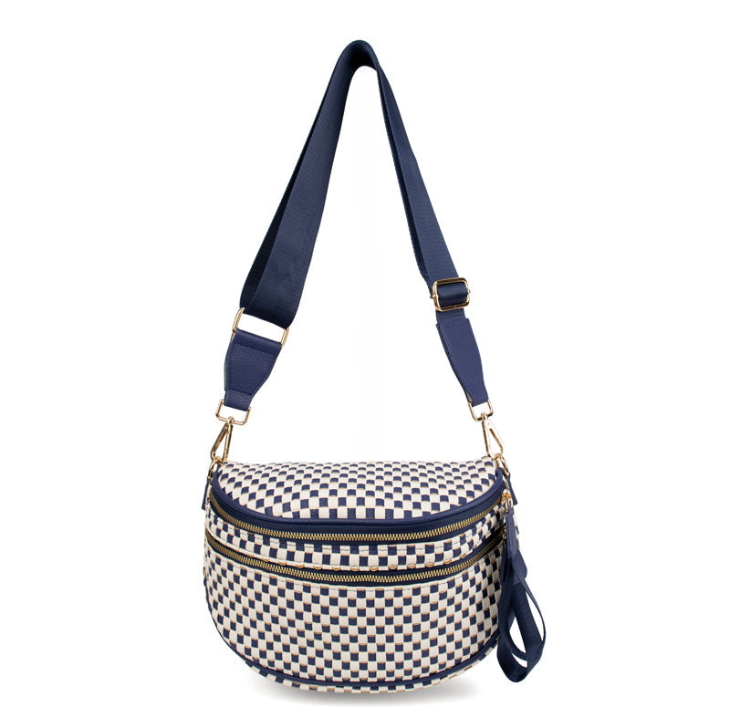 Ounamei Checkered Woven Crossbody Bum Bag | Vegan Leather Sling Bag with Adjustable Strap