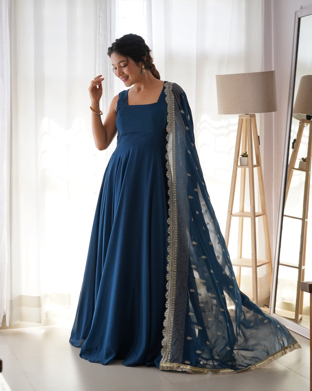 Rama Color Anarkali Gown With Heavy Embroidered Dupatta  - By Qivii