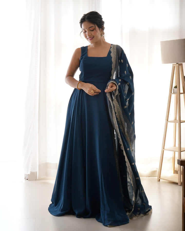 Rama Color Anarkali Gown With Heavy Embroidered Dupatta  - By Qivii