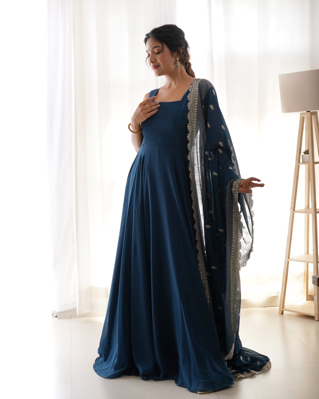 Rama Color Anarkali Gown With Heavy Embroidered Dupatta  - By Qivii